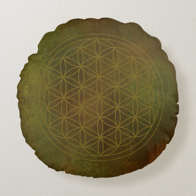 Gouden Gaia Bloem des Levens Rond Kussen (Voorkant)
