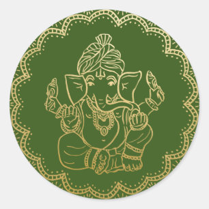 Gouden Ganesh   Indiase God Groene Trouw Ronde Sticker