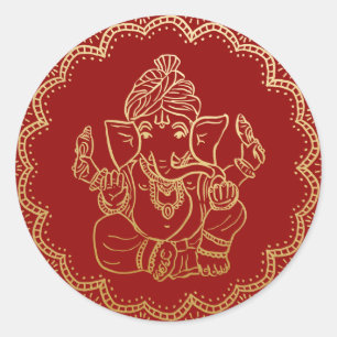 Gouden Ganesh   Indiase God Rode Trouwdag Ronde Sticker