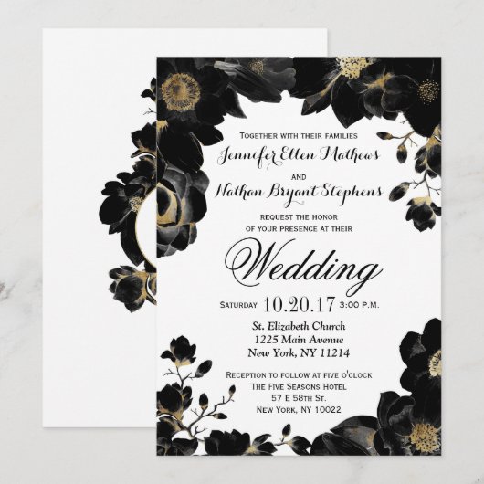 Gouden geaccentueerde zwarte bloemenbruiloft uitno kaart (Voorkant / Achterkant)