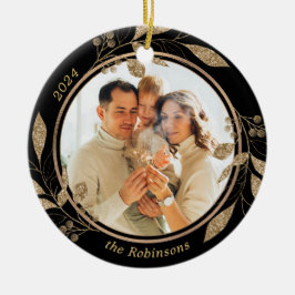 Gouden gebladerte Familiefoto Zwarte Kerst Keramisch Ornament