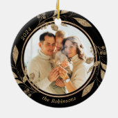 Gouden gebladerte Familiefoto Zwarte Kerst Keramisch Ornament (Achterkant)