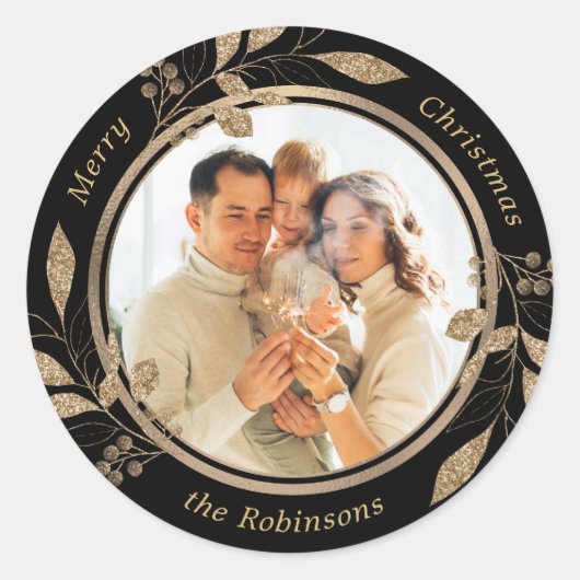 Gouden gebladerte Familiefoto Zwarte Kerst Ronde Sticker (Voorkant)