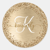 Gouden Geborsteld Metaal Glitter Monogram Naam Ronde Sticker (Voorkant)