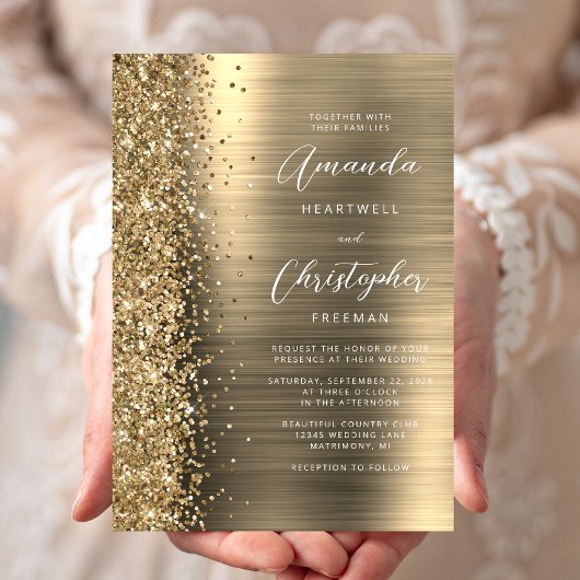 Gouden Geborsteld Metaal Glitter Script Bruiloft Kaart