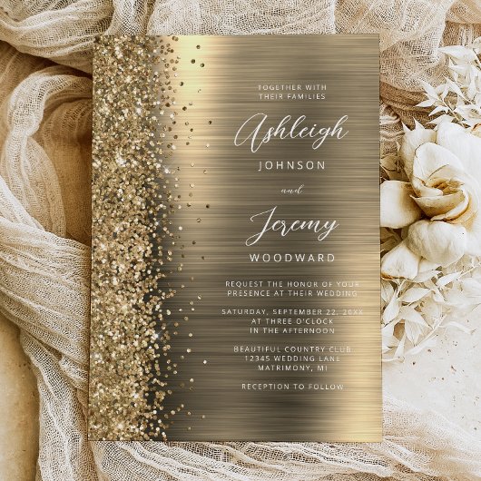 Gouden Geborsteld Metaal Glitter Script Bruiloft Kaart