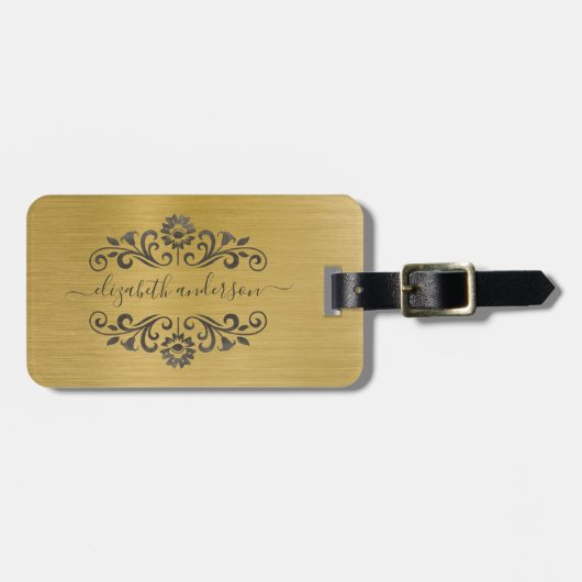 Gouden Geborsteld Metaal Monogram Naam Schrift Bagagelabel (Voorkant horizontaal)