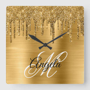 Gouden Geborstelde Folie Glitter Drup Fancy Monogr Vierkante Klok