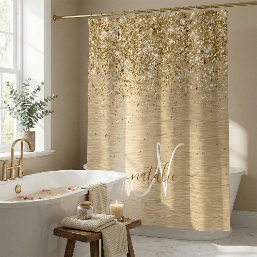 Gouden Geborstelde Metaal Glitter Monogram Naam Douchegordijn