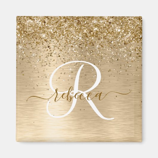 Gouden Geborstelde Metaal Glitter Monogram Naam Magneet (Voorkant)