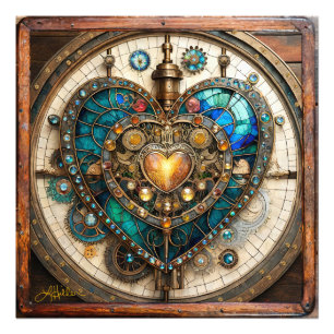 Gouden Gebrandschilderd Glas Hart Steampunk Serie Foto Afdruk