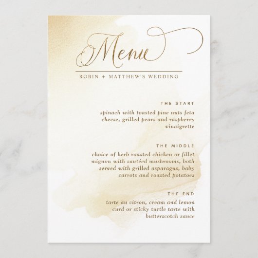 Gouden Geel Aquarel Elegant Trouwmenu Menu (Voorkant)