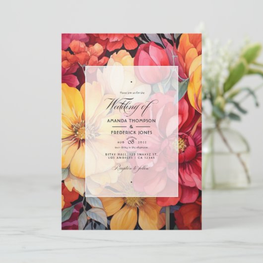 Gouden Geel en Lipstick Rood Bloemen Bruiloft Kaart (Staand voorkant)