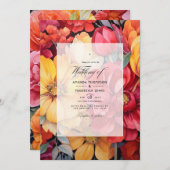 Gouden Geel en Lipstick Rood Bloemen Bruiloft Kaart (Voorkant / Achterkant)