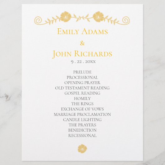 Gouden Geel en Witte Bloemen Trouwprogramma Briefhoofd (Voorkant)