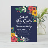Gouden Geel Navy Blauw Boheems Boeket Save The Date (Staand voorkant)