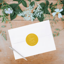 Gouden Geel Stileerde Trouwen Save the Date Ronde Sticker