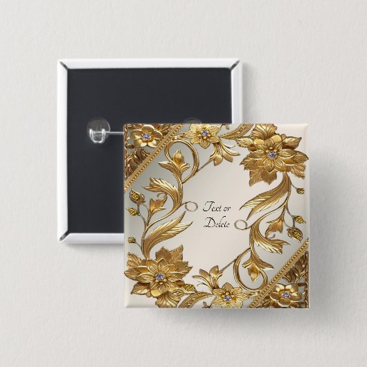 Gouden gegolfde bladeren bloemknop vierkante button 5,1 cm (Voorkant /achterkant)