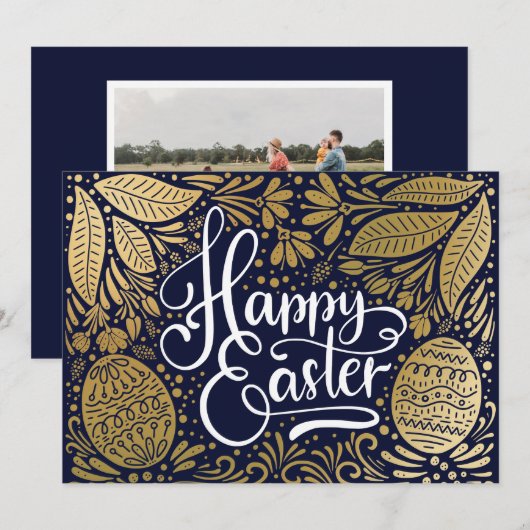 Gouden geïllustreerde Pasen-foto kaart (Voorkant / Achterkant)