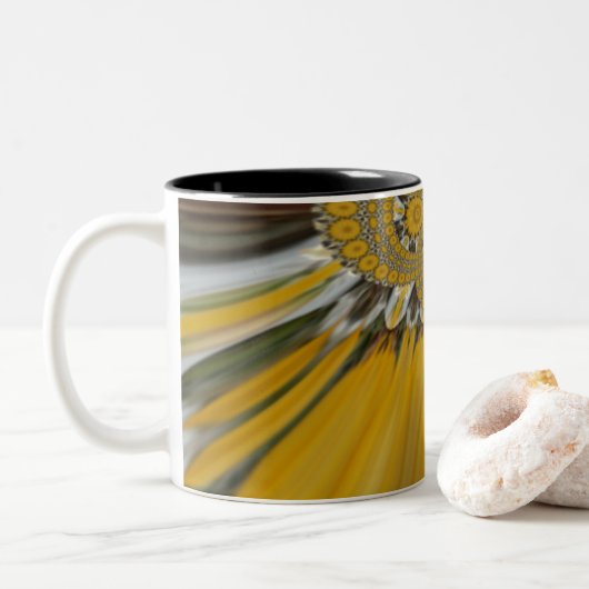 Gouden Gele Bloem Patroon Design Art Tweekleurige Koffiemok (Met donut)