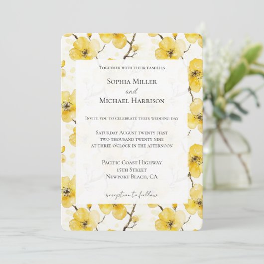 Gouden Gele Bloemen Bruiloft Kaart (Staand voorkant)