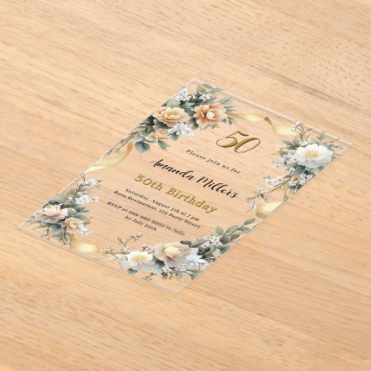 Gouden gele bloemen lint duidelijke verjaardag acryl uitnodigingen (Laagn)