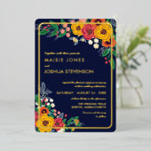 Gouden Gele Bloemen Navy Boho Boeket Goud Folie Uitnodiging (Staand Voorkant)