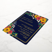 Gouden Gele Bloemen Navy Boho Boeket Goud Folie Uitnodiging (Gedraaid)