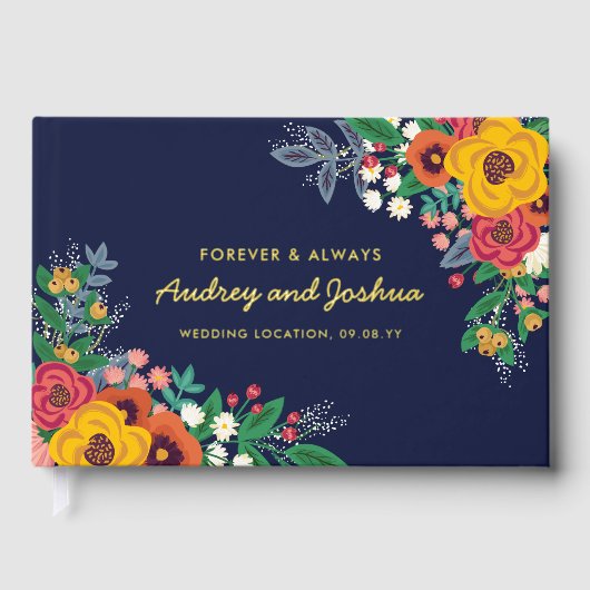 Gouden Gele Bloemen Navy Boho Gouden Bruiloft Gastenboek (Voorkant)