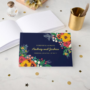 Gouden Gele Bloemen Navy Boho Gouden Bruiloft Gastenboek