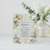 Gouden gele bloemen salie groene doop uitnodiging (Staand voorkant)