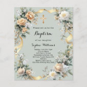 Gouden gele bloemen salie groene doop uitnodiging (Voorkant)