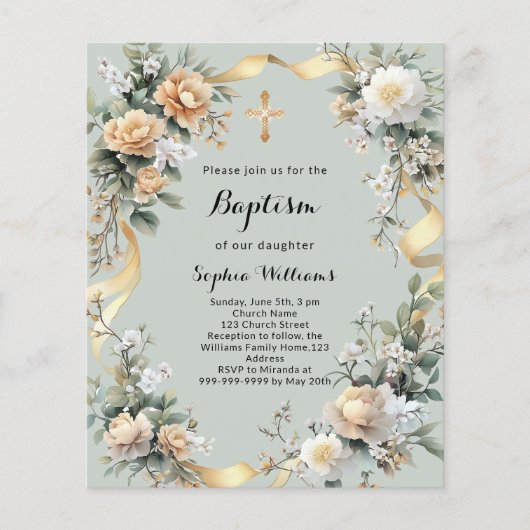 Gouden gele bloemen salie groene doop uitnodiging (Voorkant)