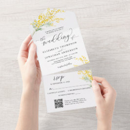 Gouden Gele Bloemen Trouwdetails QR Code RSVP All In One Uitnodiging