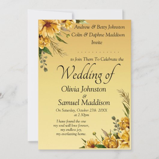 Gouden Gele Bloemen Trouwsuite Kaart (Voorkant)