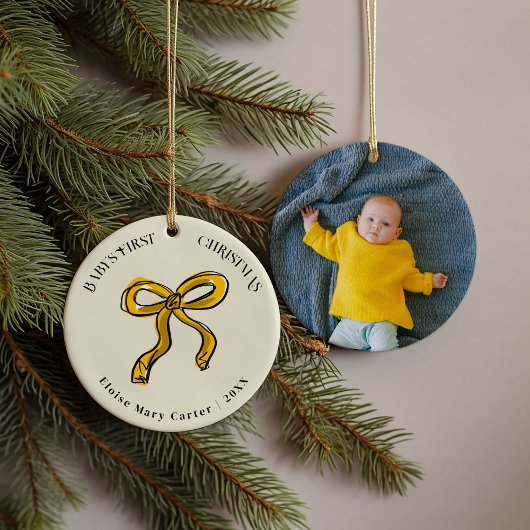 Gouden Gele Boog Baby's Eerste Kerstmis Foto Keramisch Ornament