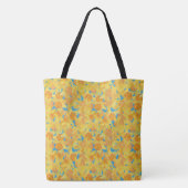 Gouden Gele Daffodils Aquarel Patroon, Blauw Tote Bag (Achterkant)