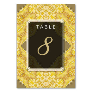 Gouden Gele Damast Trouwmenu + Tafel Nummerkaart Kaart