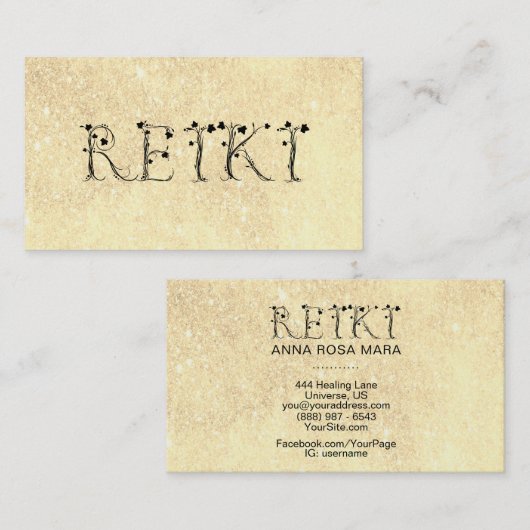 ** Gouden Gele Glitter REIKI Ivy Typography Visitekaartje (Voorkant / Achterkant)