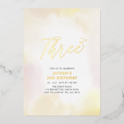 Gouden & Gele Hart Drie 3de Verjaardagsfeestje Folie Uitnodiging (Voorkant)