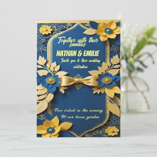 Gouden Gele huwelijksuitnodiging Kaart (Staand voorkant)