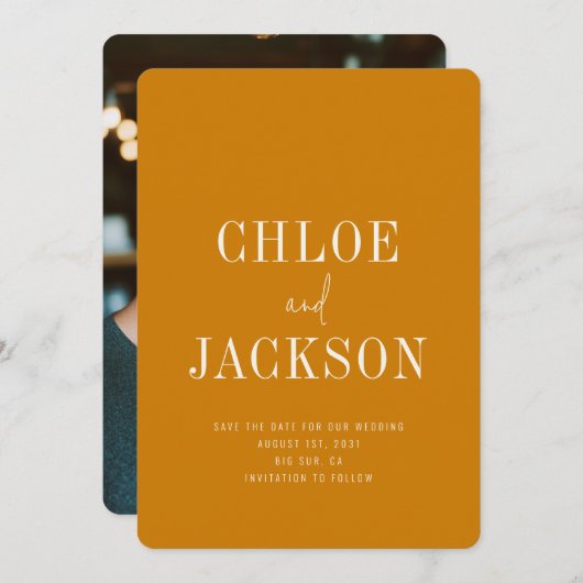 Gouden Gele Mosterd Moderne Vette Foto Huwelijk Save The Date (Voorkant / Achterkant)