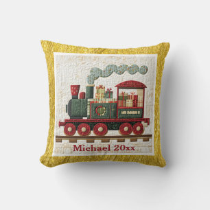 Gouden/gele rand kersttrein kussen   Familiegesche