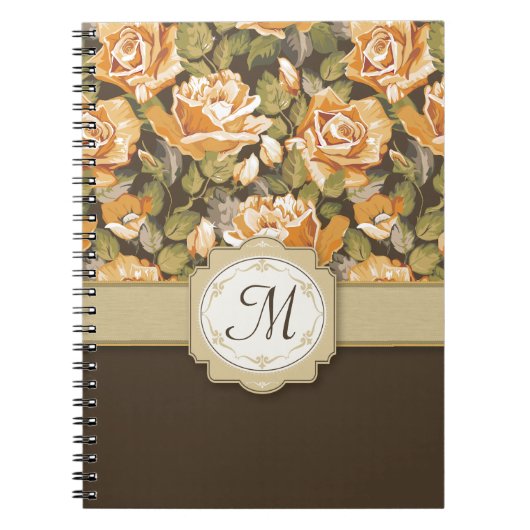 Gouden Gele Rozen op Bruin met Monogram Notitieboek (Voorkant)