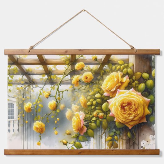 Gouden Gele Rozen op Rustieke Tuin Trellis Hangend Wandkleed (Voorkant)