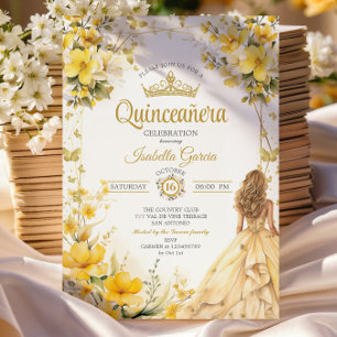 Gouden Gele Tiara Bloem Vlinders Quinceañera Kaart