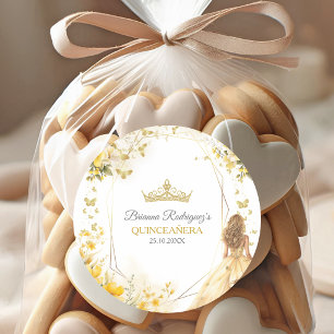 Gouden Gele Tiara Bloem Vlinders Quinceañera Ronde Sticker