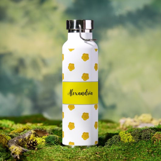 Gouden Gele Wilde Bloem Foto Monogram Naam Waterfles (Buiten (Gedraaid) )