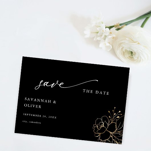 Gouden Gelijnde Bloemen Save the Date - Zwart