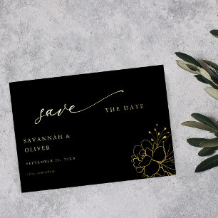 Gouden Gelijnde Bloemen Save the Date - Zwart Folie Uitnodiging